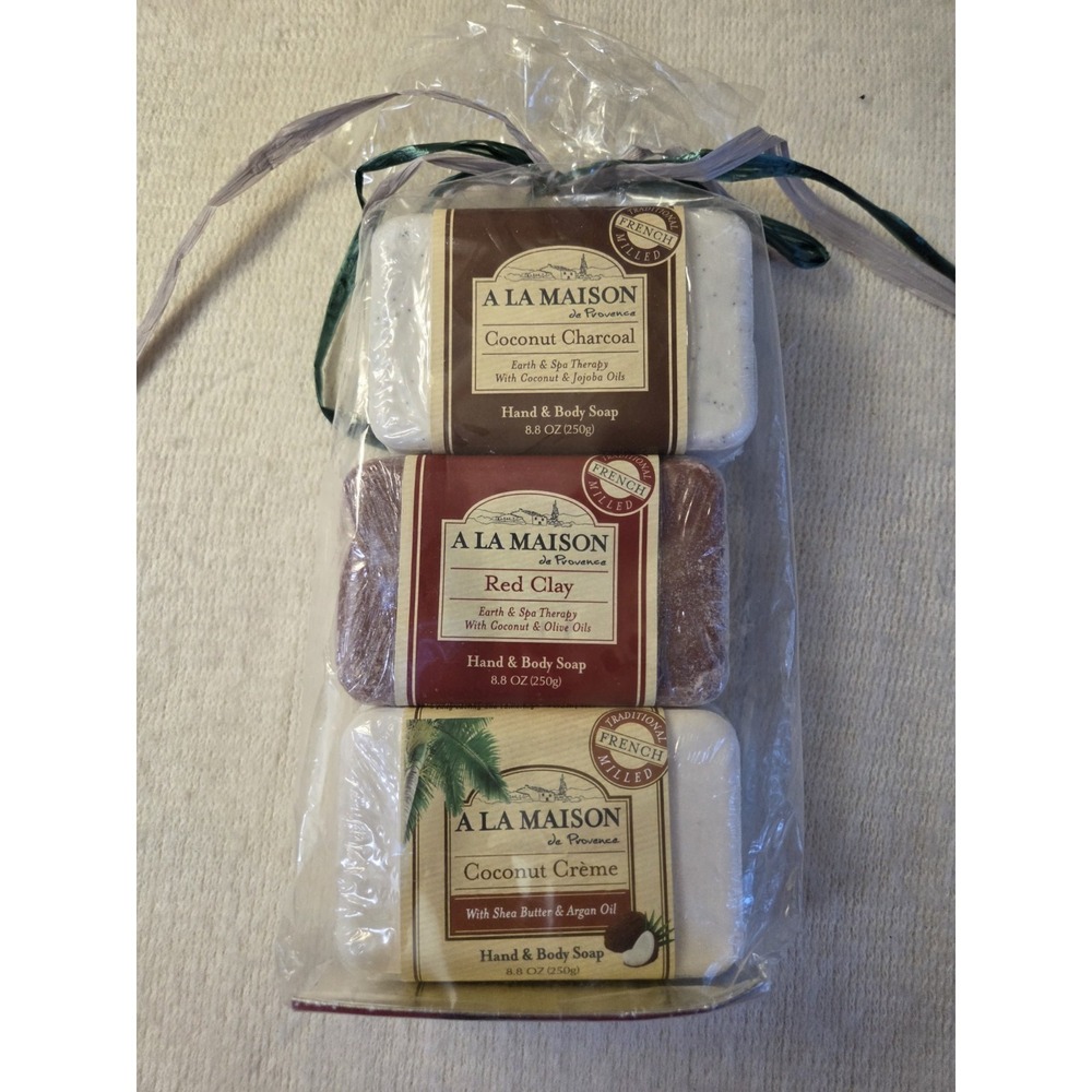 A La Maison French Milled Soap Gift Set 3 Bars Red Clay, Coconut Creme &Charcoal